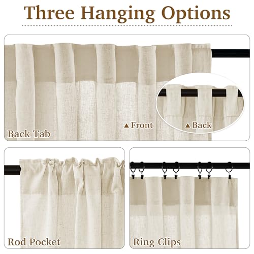 StangH Sheer Linen Curtains 84 inch Length 2 Panels Set, Natural Flax Linen Semi Sheer Curtains Soft Breathable Light Filtering Farmhouse Drapes for Living Room Sliding Door, W55 x L84