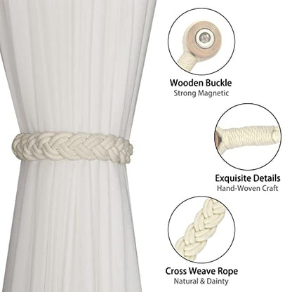 BEL AVENIR Curtain Tiebacks Magnetic 1 Pack Woven Drapery Holdback - color: Ivory Braid-1 Pack