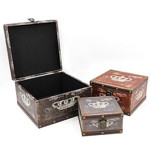 Jolitac Wood Storage Box Set of 3, Vintage Decorative Nesting Boxes Wooden Treasure Storage Crates With Latch, Home Decor Rustic Antique Boxes With Lid for Photos, Jewelry, Cash (Crown) - color: Crown