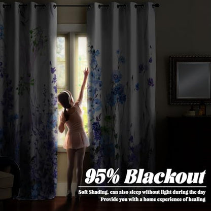 Watercolor Purple Blue Wildflower Window Curtains 2 Panels 45" L x 29" W - color: Light Purple, size: 29"W x 45"L (Pack of 2)
