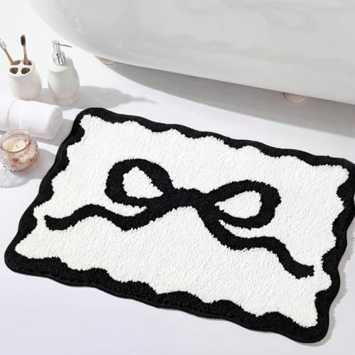 Tinideya Black Bow Bathroom Rug 16" x 24" Scalloped Bow Bath Mat - color: Black, size: 16" x 24" (Rectangular)