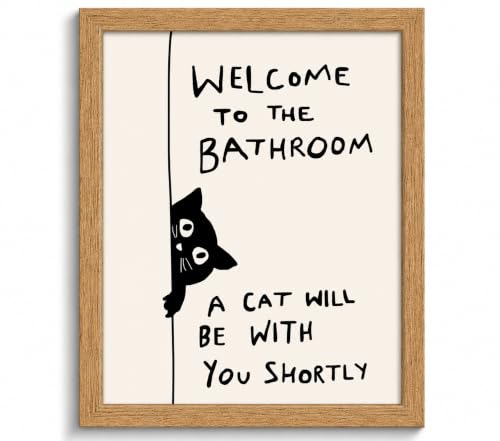 Framed Funny Cat Wall Art, Black White Animal Bathroom Painting, 8x10in - color: Black Cat, size: 8x10in