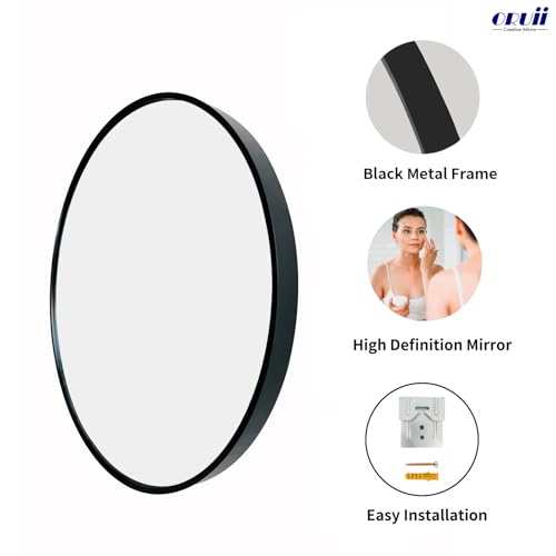 Oruii Round Mirror, 26 inch Black Circle Mirror, Matte Black Metal Frame - color: Black, size: 26"L x 26"W