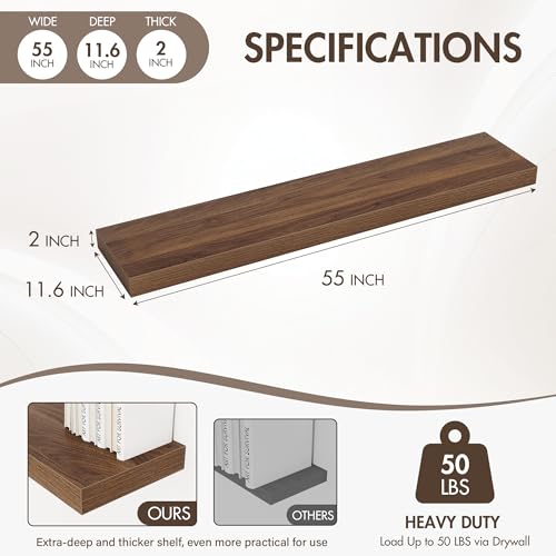 Acovy 55 Inch Floating Shelves, 12" Deep Floating Shelf Wall Mounted, 55" Wall Shelves, Rustic Deep Bookshelf, Extra Deeper & Thicker Display Shelves for Bedroom, Living Room, Set of 1 - color: Walnut, size: 12"Wx55"L-1pc