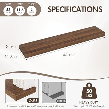 Acovy 55 Inch Floating Shelves, 12" Deep Floating Shelf Wall Mounted, 55" Wall Shelves, Rustic Deep Bookshelf, Extra Deeper & Thicker Display Shelves for Bedroom, Living Room, Set of 1 - color: Walnut, size: 12"Wx55"L-1pc