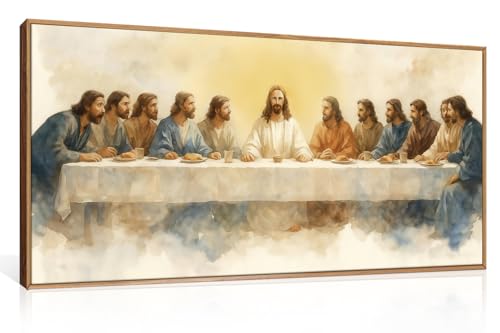 FWIEXA Jesus Last Supper Canvas Wall Art, Framed Easter Christian Decor Painting, Religious Boho Prints, Bible Watercolor Artwork, 20x40In Verse Scripture Pictures for Living Room,Bedroom,Prayer Room - color: Last Supper, size: 40"L x 20"W