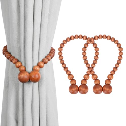 KLOGTSIND Magnetic Curtain Tiebacks, 2 Pack Wood Bead Curtain Holdbacks - color: Brown