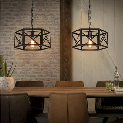 Rustic Farmhouse Metal Pendant Light Fixture One-Light Adjustable Chain 14.5 inch Modern Industrial Metal Cage Hexagon Pendant Lighting for Kitchen Island Dining Room Farmhouse Entry Home, Black - size: Medium pendant light