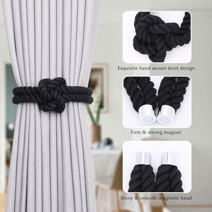 NICEEC Natural Cotton Rope Magnetic Curtain Tiebacks, 2 Pack, Black - color: Black, size: 2 Pack
