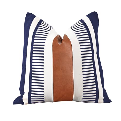 Farmhouse Throw Pillow Covers for Couch Sofa Decorative Faux Leather Square Cushion Cover Tribal Stripe Accent Pillow Case 18 x 18 Inch, Navy Blue - color: Navy Blue, size: 18" x 18" (Pack of 1)
