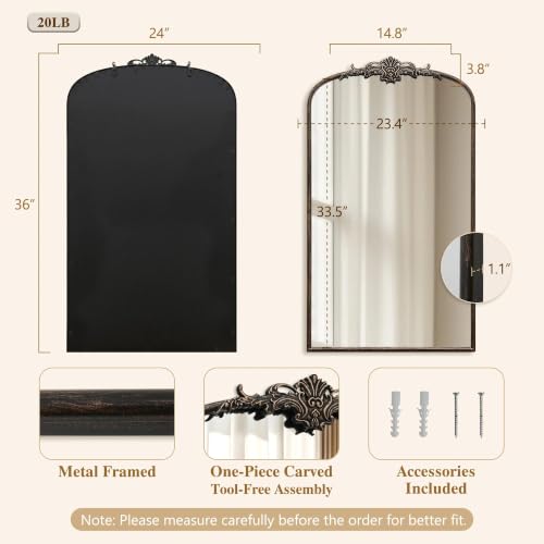 Besdomus Vintage Large Wall Mirror: 24"x42" French Black Arched Decorative - color: Black Gold, size: 42"L x 24"W