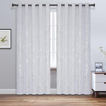 BUHUA Blackout Curtains Silver Foil Print Flower Vine Grommet Drapes, Room Darkening Thermal Insulated Curtains, Noise Reducing Curtain for Bedroom, Greyish White, 66Wx63L, 2 Panels - color: Greyish White, size: 66"W x 63"L (Pack of 2)