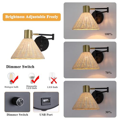 Plug in Rattan Wall Sconce Swing Arm Wall Lamp, Black - color: Black+Rattan Shade