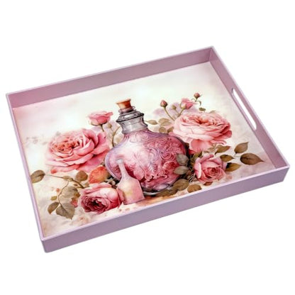Serving Tray with Handles, 15.7 * 11.8 inches, Plastic Ottoman Tray with Exquisite Paintings, Trays for Coffee Table - color: Pink Vase