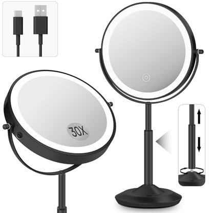8" Lighted Makeup Mirror with Light,30X Magnifying Height Adjustable Mirror - color: Black