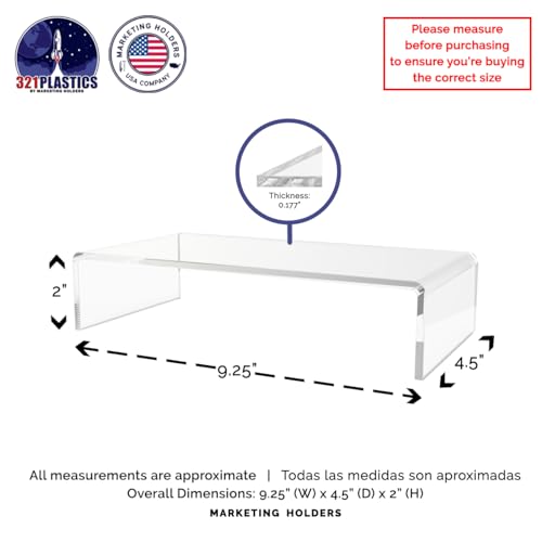 Marketing Holders 2 Pack Acrylic Riser Display Platform 9 Inch Wide by 4.5 Inch Deep Clear One Piece Lucite Retail Product Showcase Shelf Merchandising Platform Pedestal for Expos and Tradeshows - size: 9"W x 4.5"D x 2"H Riser