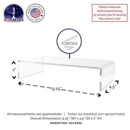 Marketing Holders 2 Pack Acrylic Riser Display Platform 9 Inch Wide by 4.5 Inch Deep Clear One Piece Lucite Retail Product Showcase Shelf Merchandising Platform Pedestal for Expos and Tradeshows - size: 9"W x 4.5"D x 2"H Riser