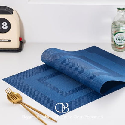 Placemats Set of 6 - Easy Clean Woven Vinyl Placemats for Dining Table, Indoor/Outdoor Place Mats, Washable PVC Table Mats（Navy Cube） - color: C-navy Cube