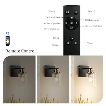 Wireless Battery Operated Wall Sconce Set of Two with Remote Control | Black & Gold Dimmable Rechargeable Wall Lights with Timer, Easy Install Glass Lamp for Living Room Bedroom, Emergency 3000K - color: Black Gold(Clear Lampshades)