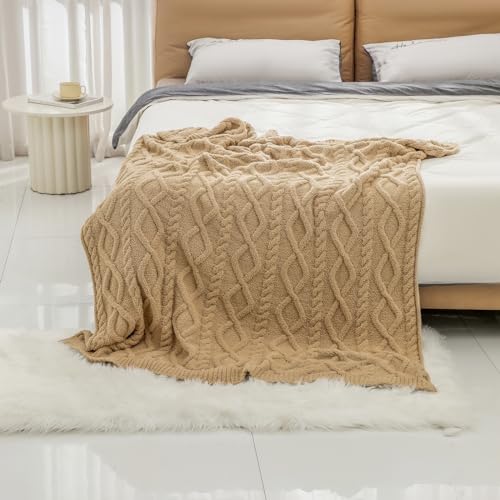Premium Minky Throw Blanket, Soft Plush Lightweight Cozy Touch - color: Cable Knit Camel, size: Kids(40″x50″)