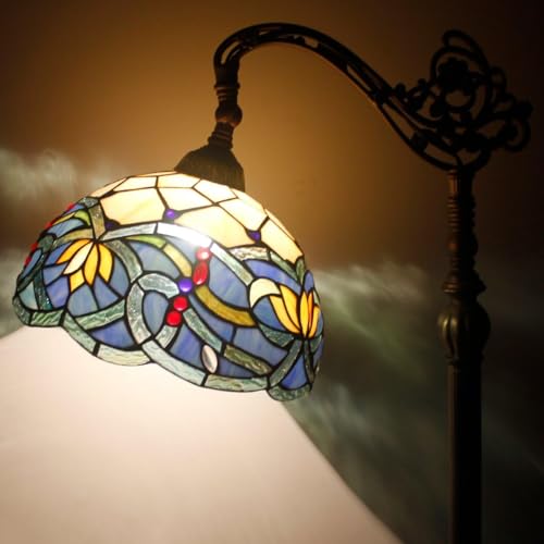 WERFACTORY Tiffany Floor Lamp Blue Lotus Flower Stained Glass Arched Lamp