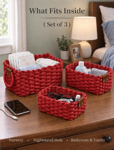 Small Wicker Baskets, 3 PCS Paper Rope Baskets for Shelves, Red - color: Red