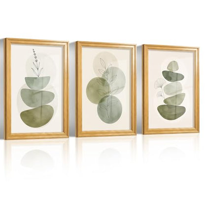 Framed Abstract Wall Art Set of 3, Sage Green Botanical Prints 12x16 Inch - color: Sage Green, size: 16" H x 12" W x 3Pcs