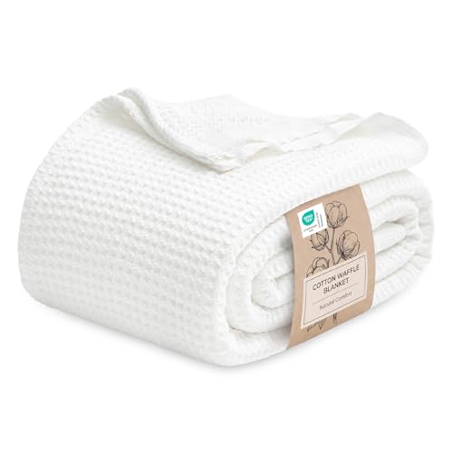 Bedsure 100% Cotton Blanket, Waffle Weave, King Size, White, 104"x90" - color: 01 White, size: King (104" X 90")
