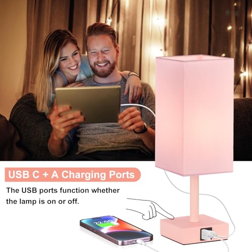 Touch Table Lamp for Bedroom - Dimmable, USB C+A, Pink Lamphade Pink Base - color: Pink & Pink