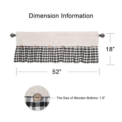 DOSLY IDÉES Farmhouse Rustic Linen and Black Plaid Cotton Valance, Buffalo Pleated Design with Coconut Buttons, Multi-Room Window Treatment for Kitchen, Living Room, Bedroom, 52" W x 18" L - color: Linen & Black Plaid, size: 52"W x 18"L (Pack of 1)
