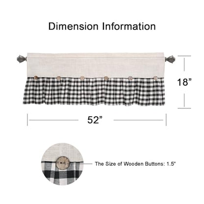 DOSLY IDÉES Farmhouse Rustic Linen and Black Plaid Cotton Valance, Buffalo Pleated Design with Coconut Buttons, Multi-Room Window Treatment for Kitchen, Living Room, Bedroom, 52" W x 18" L - color: Linen & Black Plaid, size: 52"W x 18"L (Pack of 1)