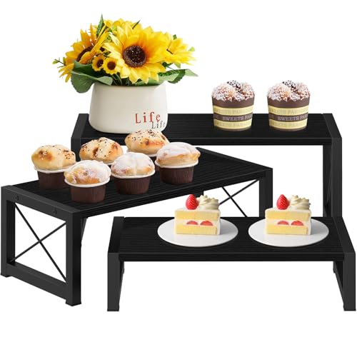 ELITEROO Black 3-Tier Wooden Cupcake and Dessert Display Stand, Multi-Tier Riser for Cupcakes, Food, Perfume, Makeup, Dolls, Collectibles, and Market Vendor Retail Shelf Organizer - color: 3 Tier, Black