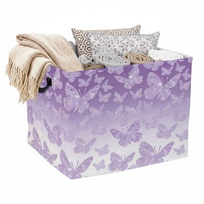 Purple Butterfly Laundry Hamper 56L Large Storage Bin with Handles - color: Purple Butterfly