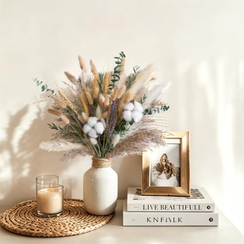 Green Dried Flower Bouquet, 10 Varieties Pampas Grass with Eucalyptus, Lavender, Cotton, Wheat & Bunny Tails, Natural Dried Flowers for Vase, Boho Farmhouse Wedding Home Decor - size: Green