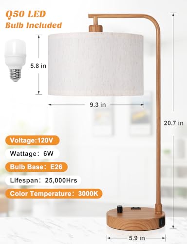 20.7" Tall Table Lamp with USB & Outlet, Fully Dimmable Nightstand Lamp - color: F-Beige Shade & Wood Base