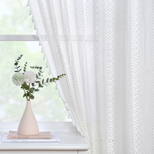 JOOJA Crochet Boho Lace Sheer Curtains 2 Panels Macrame Farmhouse Vintage Bohemian Window Drapes 59 x 96 Inches for Bedroom Living Room White - color: Crochet White, size: 59"W x 96"L (Pack of 2)
