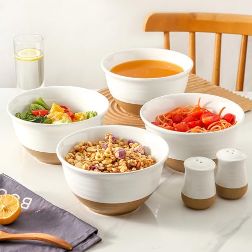 HASENSE Large Ceramic Soup Bowls Set of 4, 40 Oz 7 Inch White & Terracotta Stoneware Mixing Bowls, Farmhouse Bowls for Cereal, Salad, Pasta & Ramen, Dishwasher & Microwave Safe - color: White, size: 40 oz