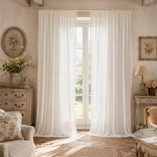WAZZIO Boho Lace Curtains 84 inch Curtains 2 Panel,Rod Pocket Vintage Bohemian Farmhouse Crochet Cotton Geometry Privacy Sheer Curtain Drapes Farmhouse for Living Room Bedroom,Off White - color: Off White, size: 59"W x 84"L (Pack of 2)