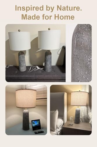 BOBOMOMO 27.25" Modern Table Lamp Set of 2, Gray Resin Lamp with Natural Stone Look, Lamps for Living Room with Linen Shades, Nightstand Lamp for Bedroom, Living Room, Entryway - color: Gray, size: 27.25"