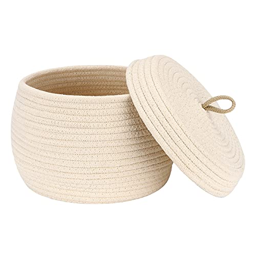 Sea Team Round Woven Cotton Rope Storage Basket with Lid, Cream - color: Cream, size: Small