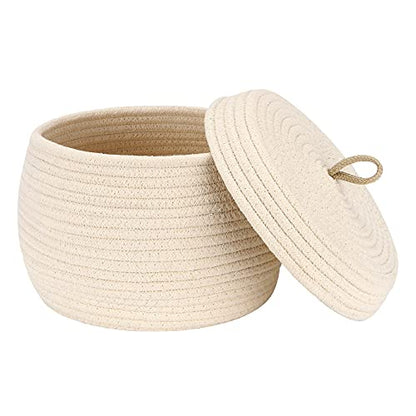 Sea Team Round Woven Cotton Rope Storage Basket with Lid, Cream - color: Cream, size: Small