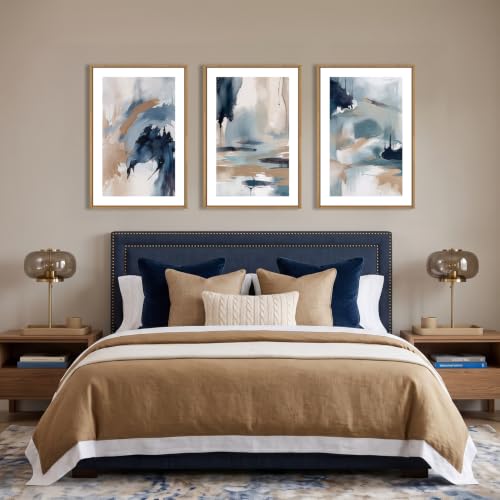 KAIRNE Navy Blue Abstract Brush Stroke Framed Canvas Wall Art Set-16"x24"x3 - color: Blue Shapes Wall Art, size: 16"L x 24"W