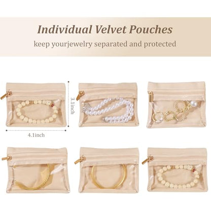 Travel Jewelry Case with 6 Velvet Zipped Pouches Bags, Dark Green - color: Dark Green - 6 Pouch
