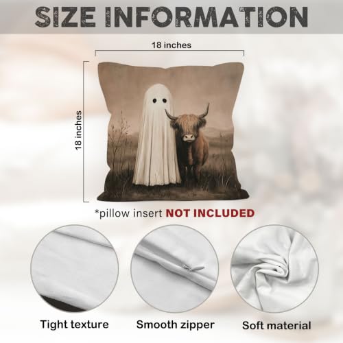 Moody Halloween Ghost Western Highland Cow Throw Pillow Cover 18x18 - color: Highland Cow-10
