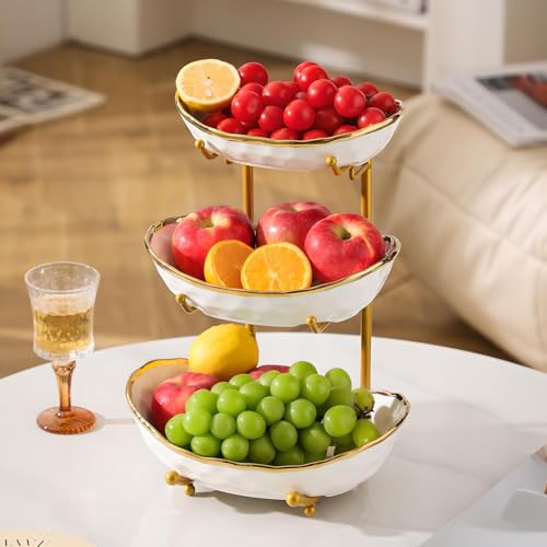 XUDREZ 3 Tier Fruit Bowl with Metal Stand for Kitchen Counter, Ceramic White Gold Silver, Tiered Fruit Basket for Nuts, Snacks, Bread, Candy Storage (White A) - color: White A