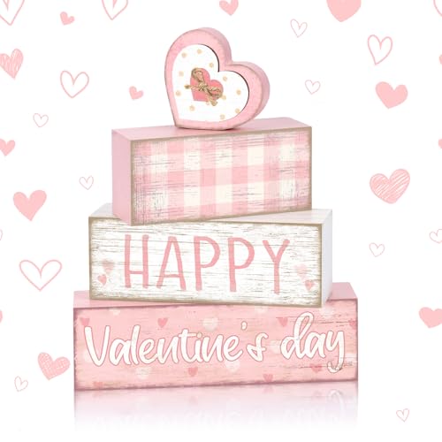 Britimes Tiered Tray Decor Set, 4 Pack, Wooden Table Sign, Pink Valentine - style: Pink Happy Valentine