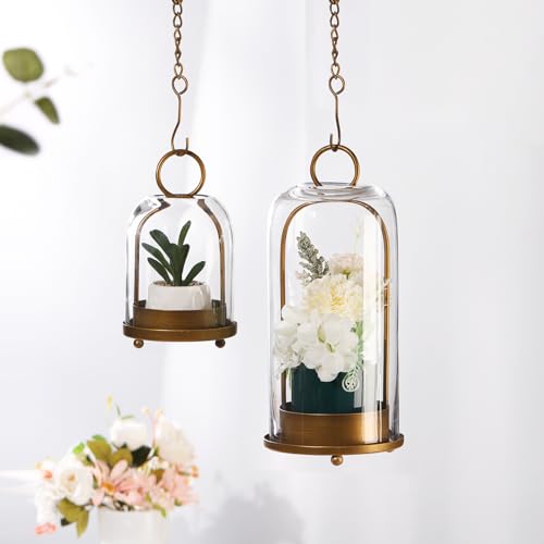 12" High Versatile Modern Metal Hurricane Lantern with Handmade Sturdy Glass Dome in Antique Brass for Pillar Candle & Plants, Industrial, Farmhouse, Shabby Chic (Brass, 5"x12") - color: Brass, size: 5"x12"