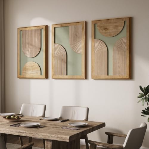 Framed 3D Wood Boho Abstract Textured Wall Decor Living Room, 24x36 Inch - color: Neutral Grey Green
