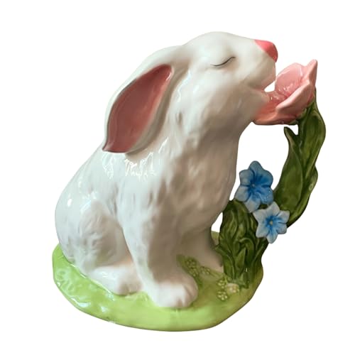 Painted Bunny Smelling Flowers Figurine