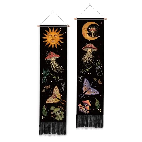 PLIGREAT 2 Pack Mysterious Art Mushroom Tapestry, Vertical Wall Hanging - color: Yellow and Purple